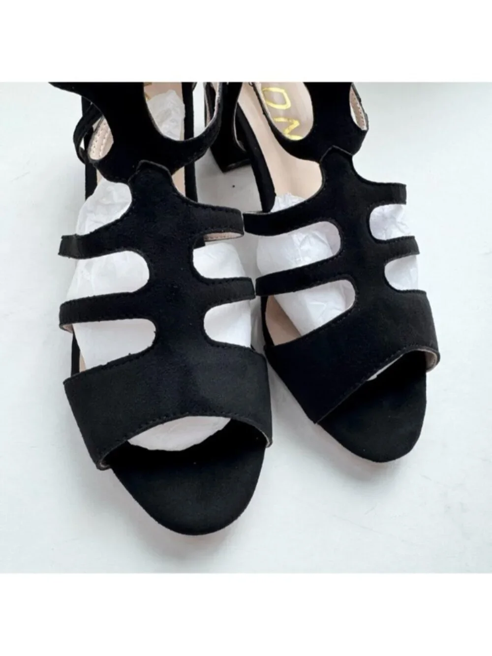 Women Size 7 Sexy Peep Toe Strappy Cutout Sandals Black Suede YDN